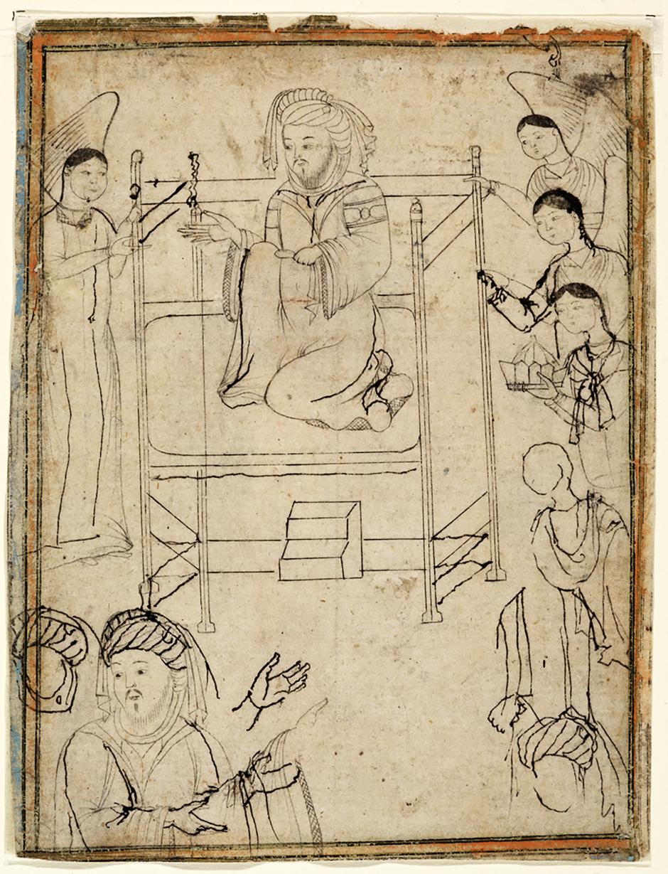Resim 2. Hz. Muhammed&rsquo;in tahtta oturan bir h&uuml;k&uuml;mdar gibi tasvir edildiği bir is m&uuml;rekkebi &ccedil;izim. (İran, 14. y&uuml;zyıl. Staatsbibliothek zu Berlin.)