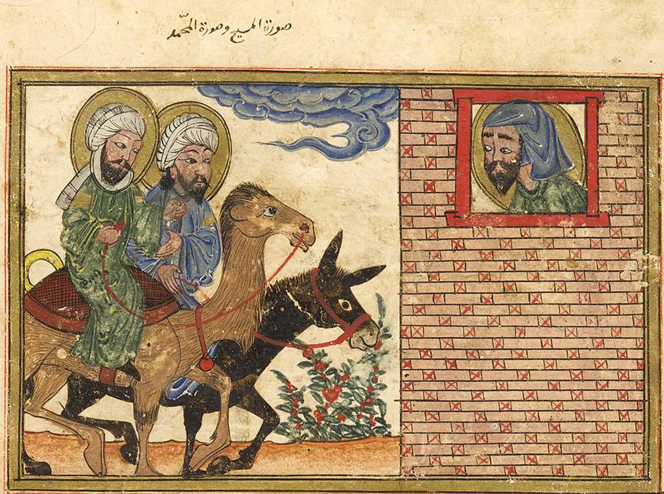 Resim 3. Hz. İşaya&rsquo;nın d&uuml;şte g&ouml;rd&uuml;ğ&uuml;, eşek sırtında Hz. İsa ve deve sırtında Hz. Muhammed&rsquo;in tasviri. (Bir&ucirc;n&icirc;, el-&Acirc;s&acirc;r&uuml;&rsquo;l-bakıyye an el-kuruni&rsquo;l-h&acirc;liyye, Tebriz, 1307&ndash;8. Edinburgh University Library.)