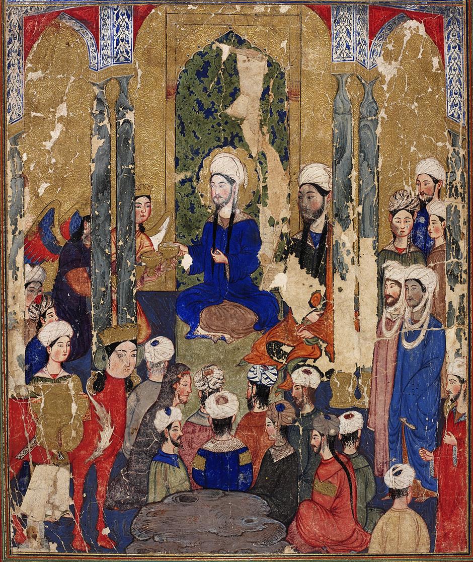 Resim 4. Hz. Muhammed&rsquo;in, diğer İbr&acirc;him&icirc; peygamberlerle birlikte Kud&uuml;s&rsquo;te oturması. (Yazarı belirsiz, Mir&acirc;cn&acirc;me, Tebriz, 1317&ndash;30 civarı. Topkapı Sarayı M&uuml;zesi K&uuml;t&uuml;phanesi.)