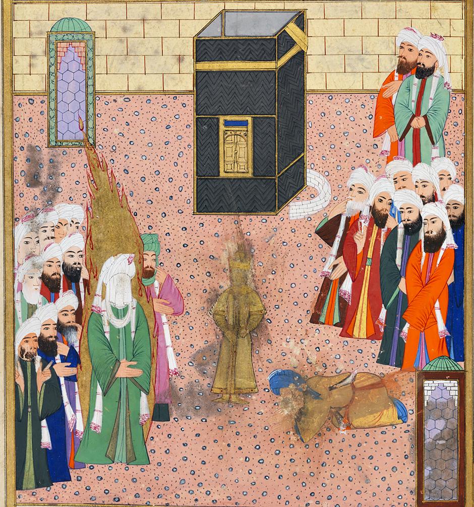 Resim 7. Hz. Muhammed&rsquo;in K&acirc;be&rsquo;ye gelip putperestlerle karşılaşması. (Darir, Siyer-i Nebi, İstanbul, 1595&ndash;6. Topkapı Sarayı M&uuml;zesi K&uuml;t&uuml;phanesi.)